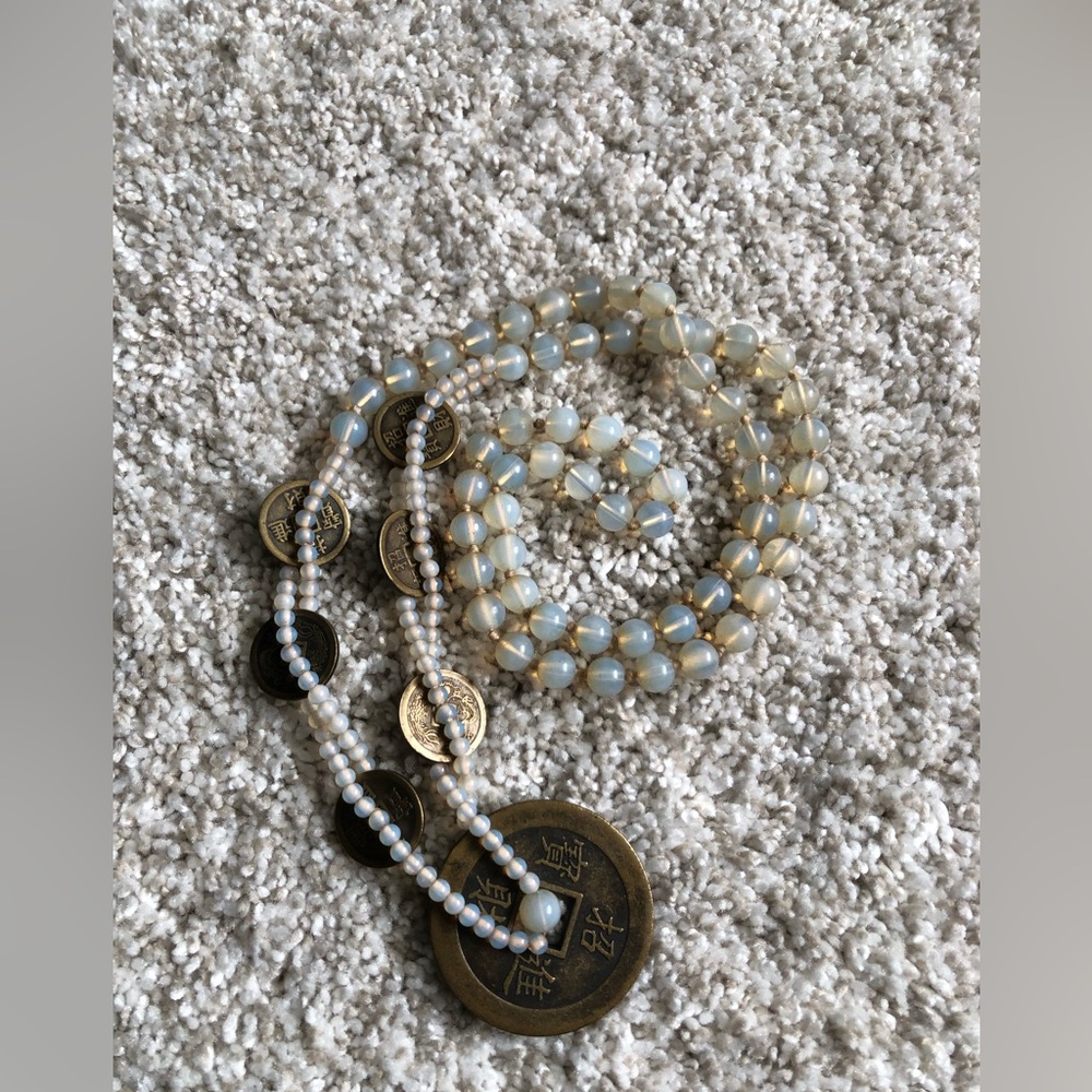 VTG Japanese Coin Necklace Dragon & Phoenix Translucent Moonglow Glass Beads 32” - Picture 4 of 12